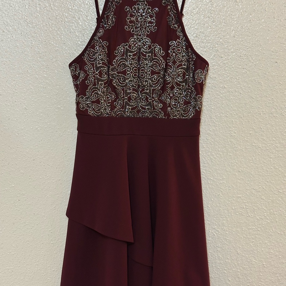 Elegant Burgundy Dress with Silver Embroidery
